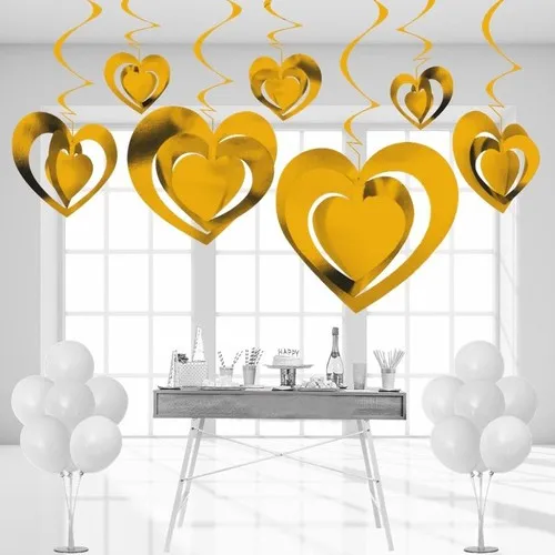 Aydınlı Party 3 Dimensional Spiral Gold Color Heart Shaped Ceiling Hangings Süsü 12 PCs