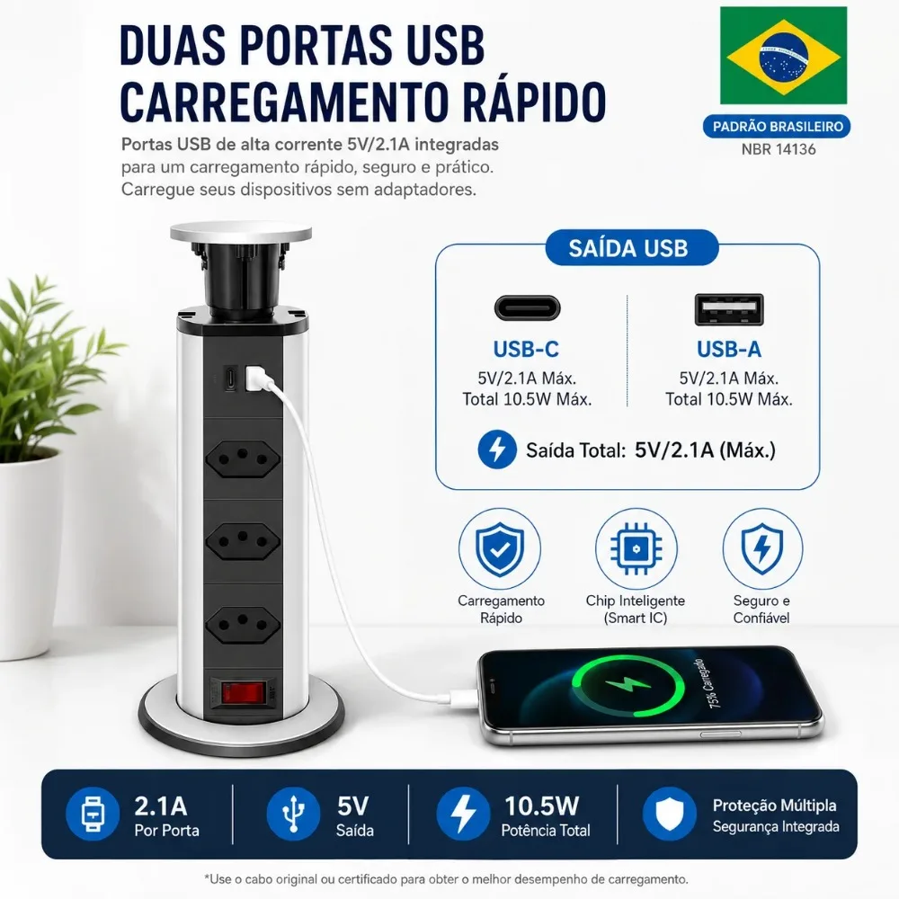 Melery Brazil Power Strip Pop Up Brazilian Plug Desktop Socket Electric Outlets Home Office USB Type-C Charger Extenstion Cord