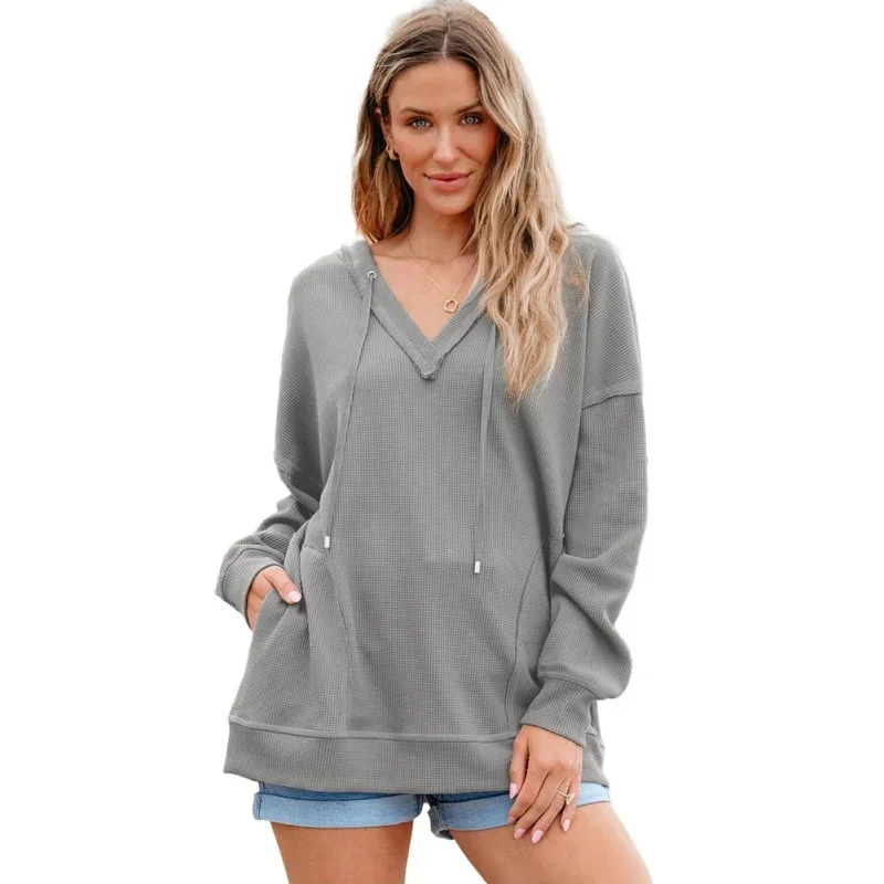 Women's Hooded Oversized Sportswear Casual Long Sleeved V-Neck Drawstring Waffle Knit Top Fashionable Clothes