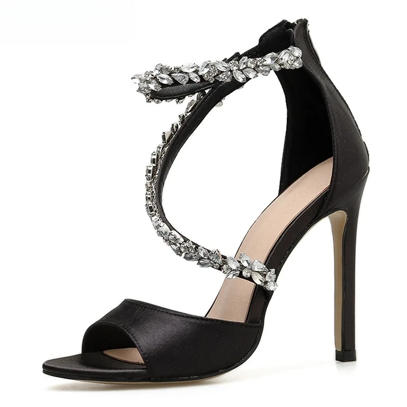 Summer Fashion High Heel Sandals Women's Sandals Rhinestone Crystal Heel Ladies Shoes 11CM Zipper Design Party Open-toed Sandals
