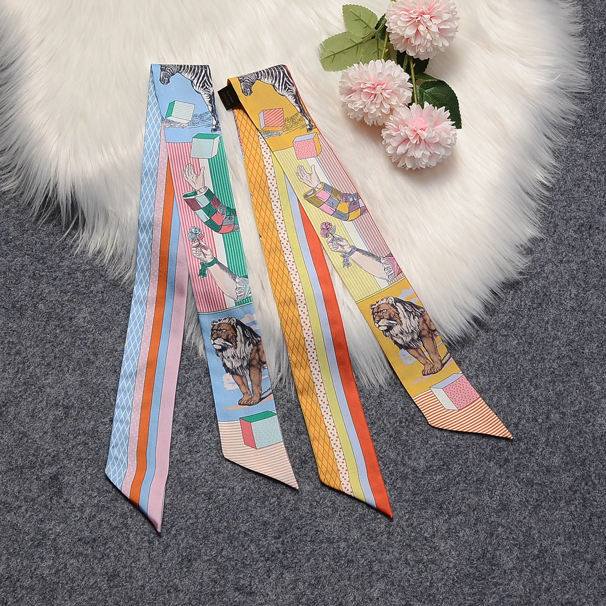 

2022 New 100% Silk Scarf Lion Zebra Brand Design Natural Silk Scarf Women Foulard Hair Bag Scarves Fashion Neckerchief Headband