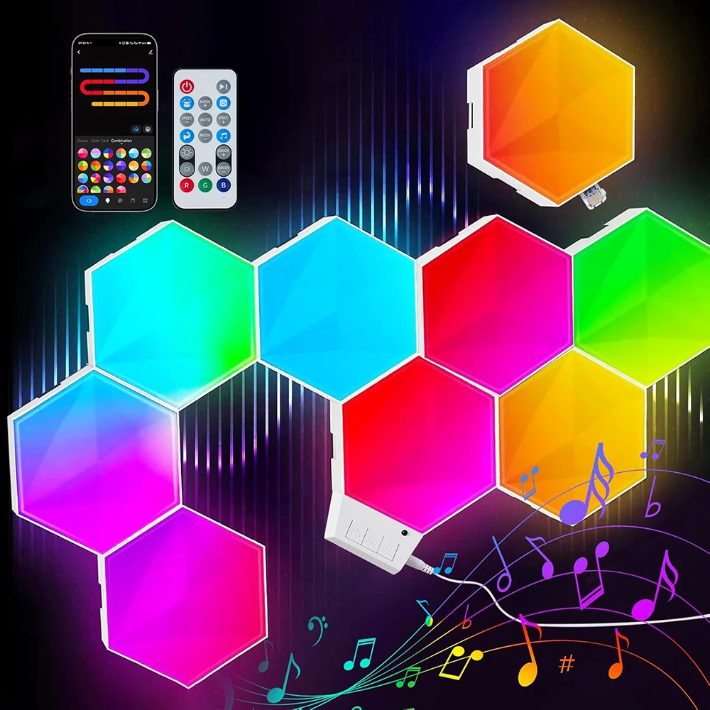 Pak Hexagon Lights 9 Packs DIY LED Light, with APP Smart Modular Panel Hex Tiles  RGB+IC Creative Gaming Lights