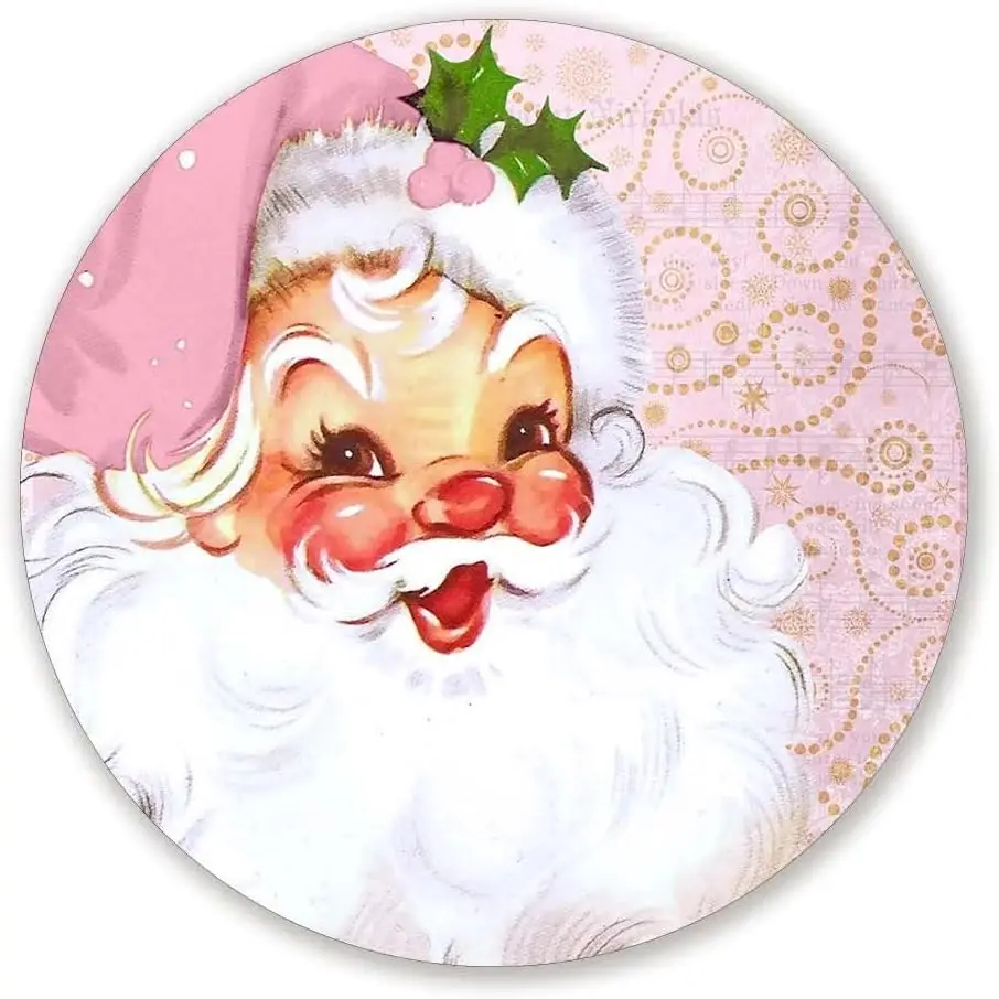 Retro Metal Tin Sign 12x12 '' Pink and Gold Vintage Santa Sign - Santa Wreath Sign for Christmas Wreath Round Tin Sign F