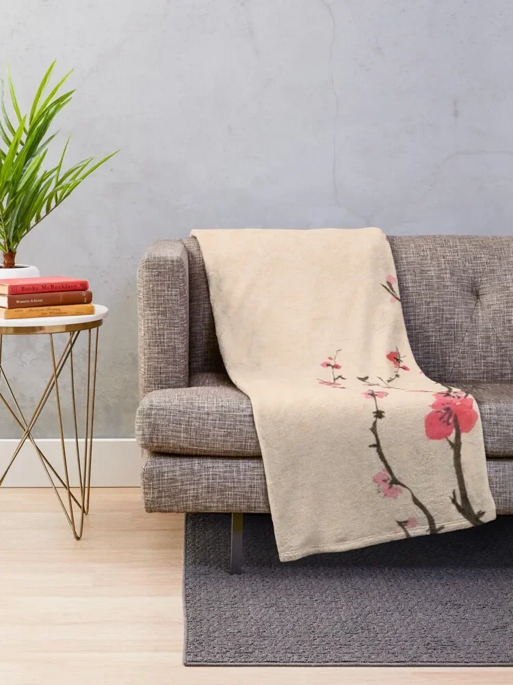 Japanese sumi-e ink painting of an iconic plum blossom branch with red flowers on beige background art print Throw Blanket