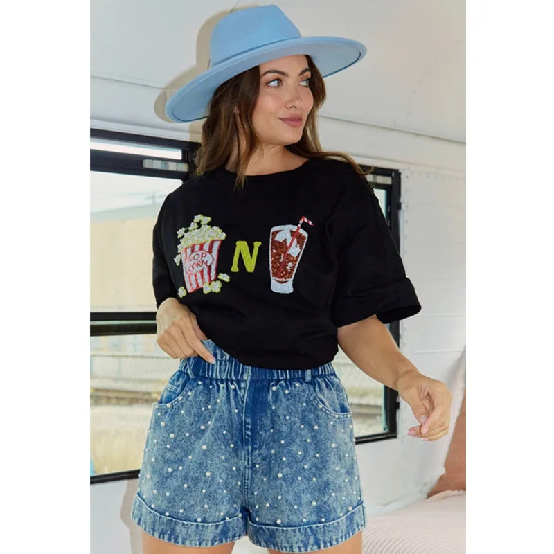 2024 sommer Neue Kurzen Ärmeln Pailletten Druck T-shirts für Frauen Element Pailletten Kurzarm Top Lose T-shirt