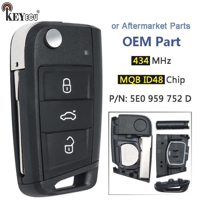 

KEYECU 434MHz MQB ID48 Chip 5E0 959 753 D No Keyless Go Flip Remote Key Fob for Skoda Rapid Octavia MK3 2013+