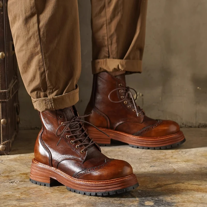 Fashion Men's Genuine Leather Motorcycle Boots Carving Brogue Shoes British High-top Mid-calf Thick Heel Western Chelsae Boots