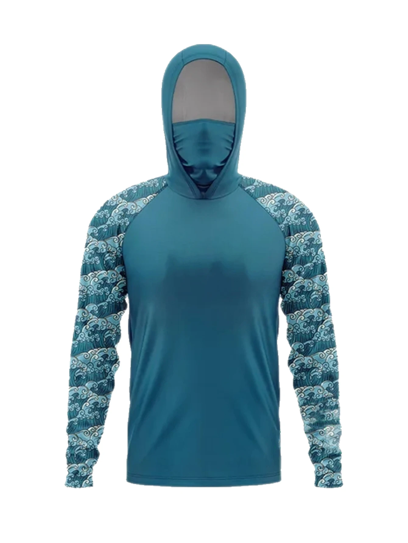 Outdoor Men Contrast Camo Splicing Fishing Hooded Shirt  Protective Long Sleeve Top Integrated Face Mask For Sea Fishing Sports
