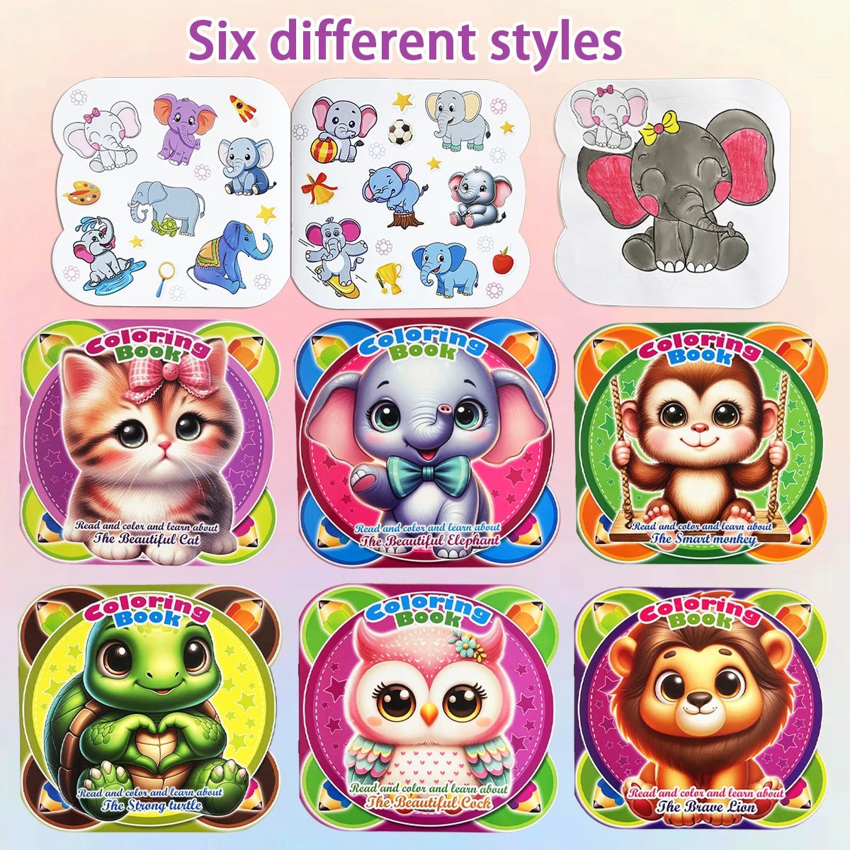 6 Books Animal Themed Coloring Book Sticker Set Early Education Picture Book for 2-5 Years Old Children's Birthday Gift
