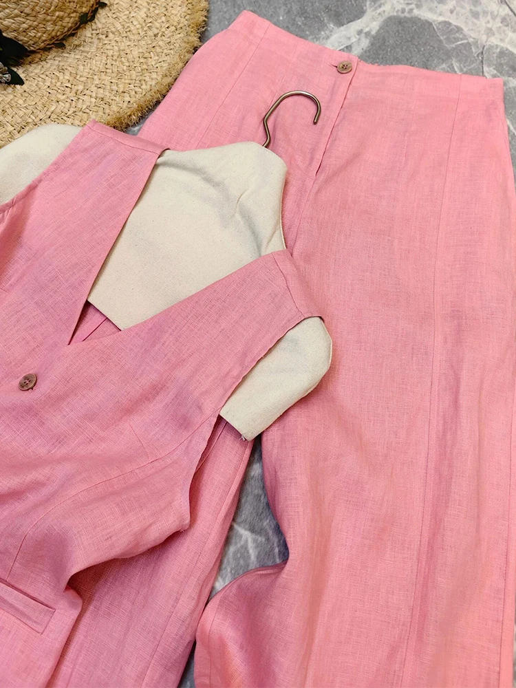 Été femmes Faion rose lin coton v-ne costume gilet ensemble pantalons longs deux pièces ensemble Ele Street Sle vêtements de travail