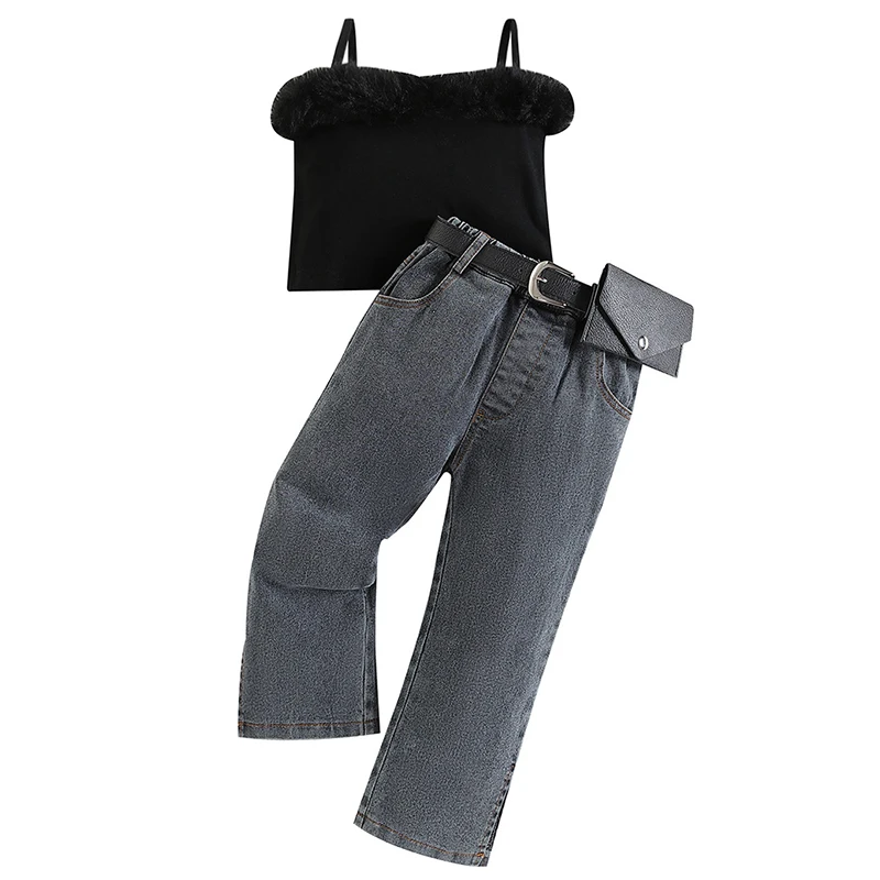 

3piece 2023 Summer Kids Clothes Toddler Girl Boutique Outfits Fashion Black Sleeveless Tops+Jeans+Bag Baby Clothing Set BC2443