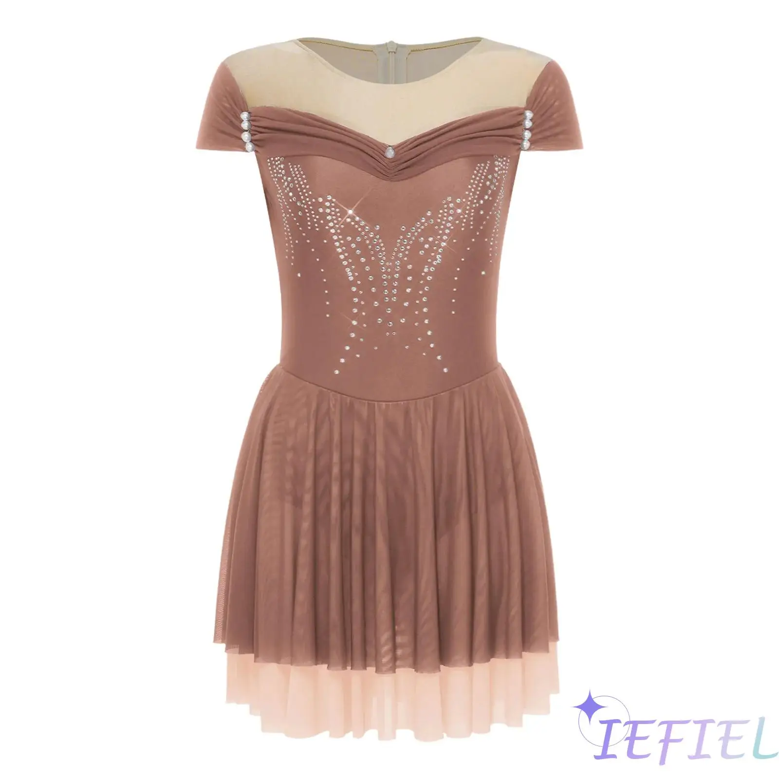 

Women Figure Skating Dress Gymnastics Ballet Wear Exquisite Decoration and Rhinestones Cap Sleeve Tiered Mesh Hem Bodysuit Dress