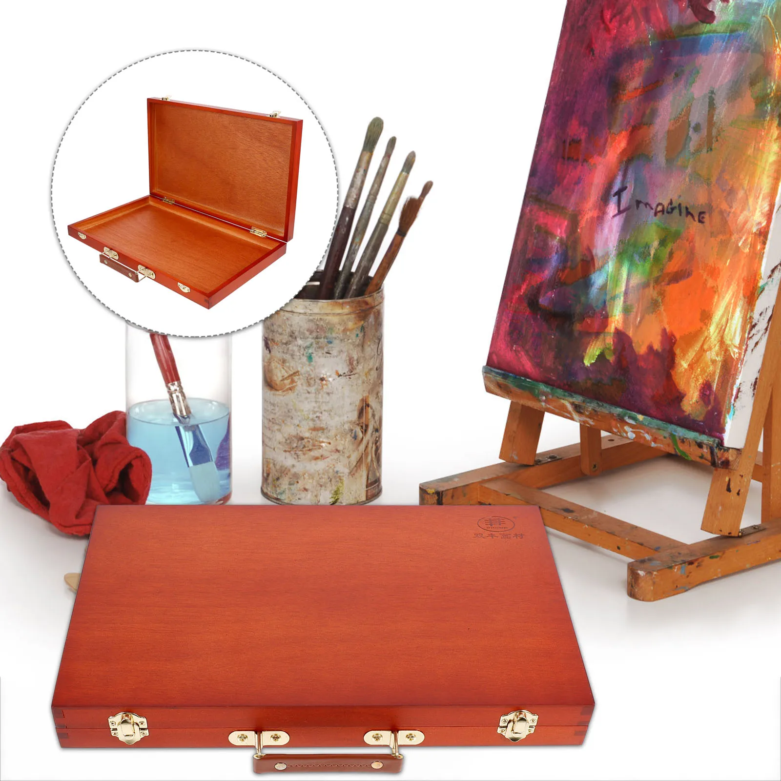 

Wooden Paint Case Durable Portable Artist Storage Box Locking Clasps Handle Multi Functional Painting Supply Box for Outdoor