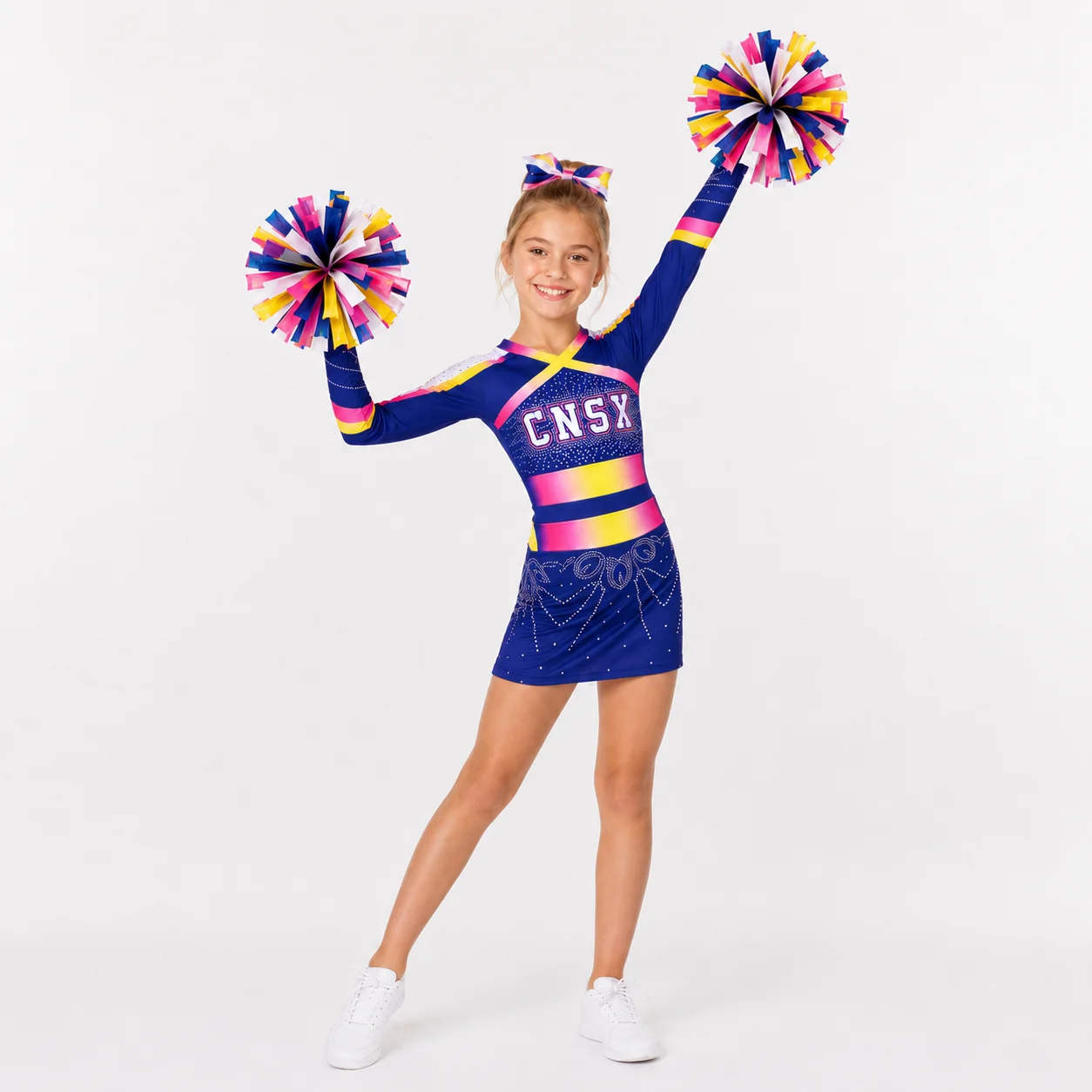 Girls Blue Pink Gold Cheerleading Dress Long Sleeve Rhinestone Gradient Uniform Kids Competition Performance Costume Outfit Sets