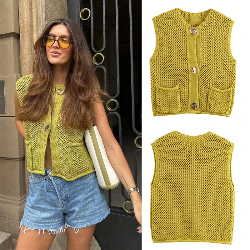 

New Spring And Autumn Coat Street Fashion Hook Hollow Vest Solid Color Loose Cardigan Women's European And American Style