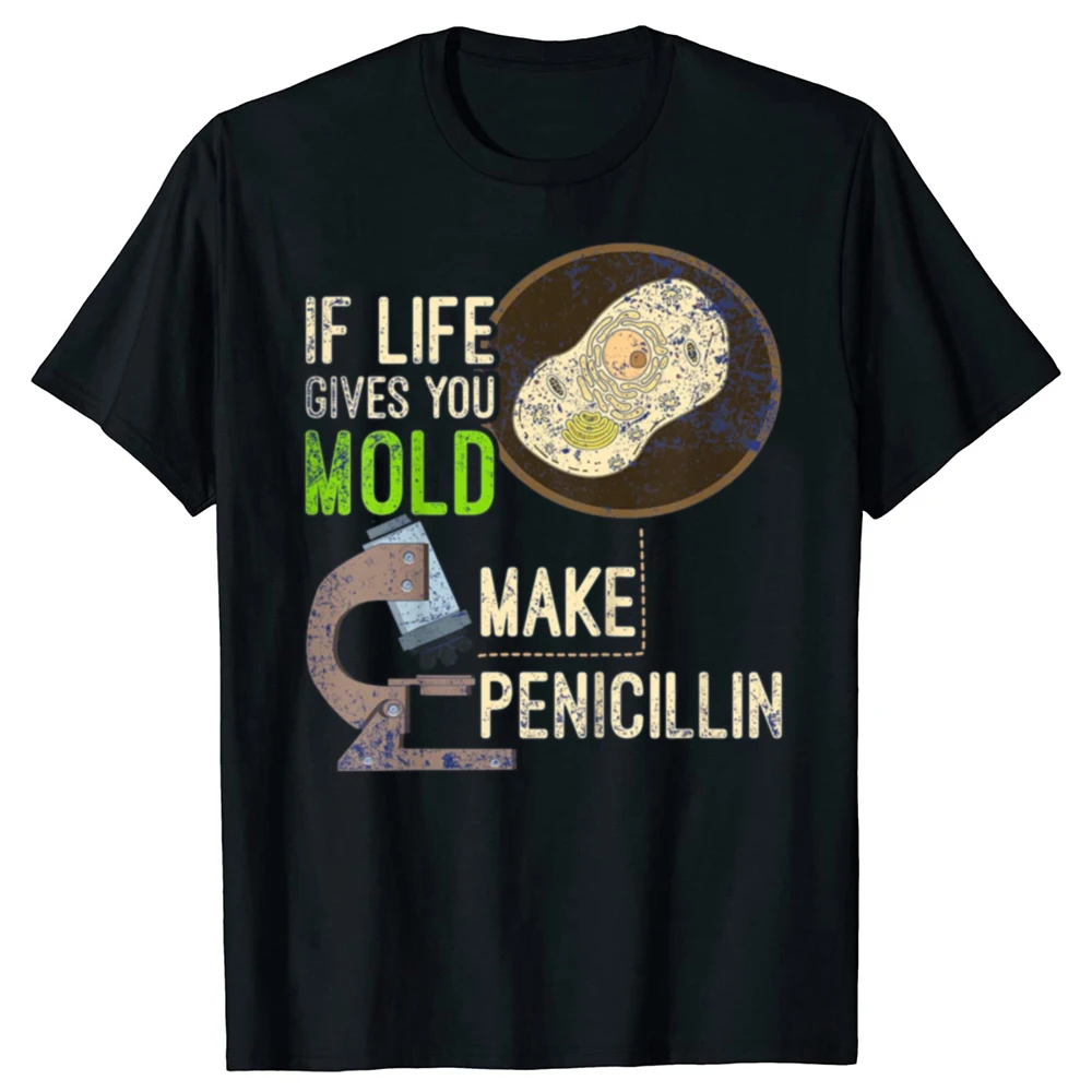 2025 نموذج جديد مضحك قالب علم الأحياء الدقيقة Penicillin عالم الجرافيك تي شيرت الرجال النساء موضة عادية التي شيرت 100% القطن فضفاض B