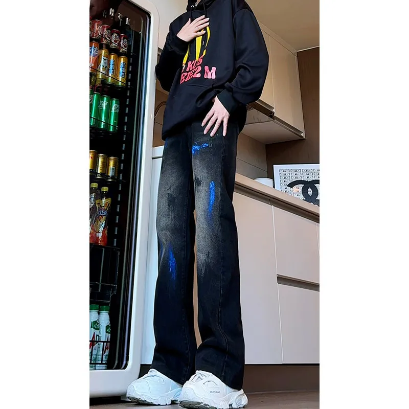

Bla adient Splatter Denim Jeans Men's Loose Wide Leg American Retro Vibe High Street Slim Straight Tube Pants
