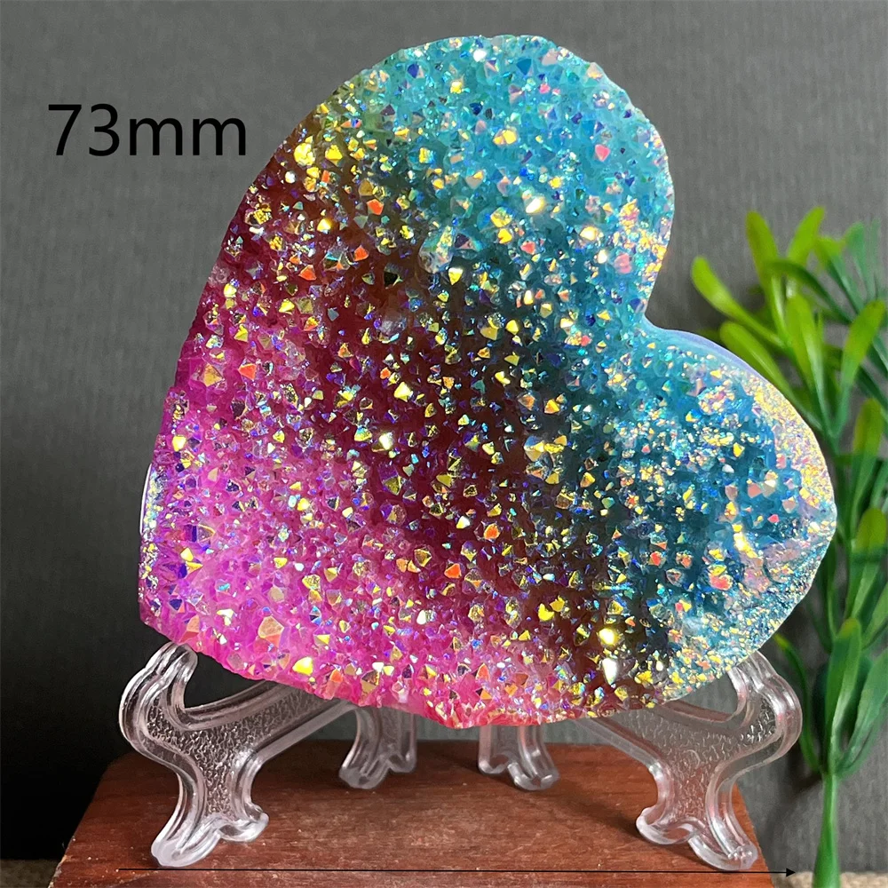 Druzy Heart Aura Stone Quartz Crystal Natural  Reiki Gemstone Flash Rainbow Healing Minerals Witchcraft Home Decoration+Stand