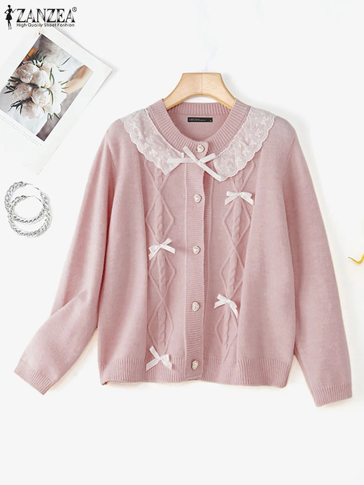 ZANZEA 2025 FW سترات نسائية مرقعة بالدانتيل ورقبة دائرية وأكمام طويلة وأزرار حتى القوس وتفاصيل سترة صوفية على الموضة الكورية #2