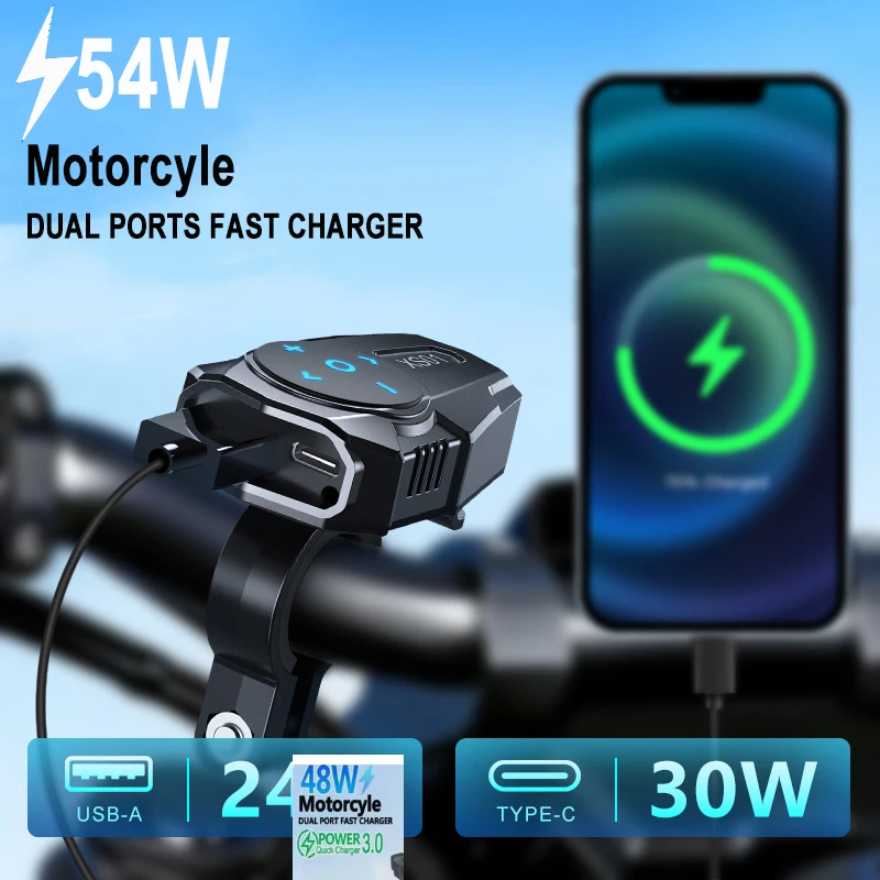 

54W Motorcycle USB Charger Dual Ports USB-A TYPE-C Handlebar Socket with Bluetooth controller Waterproof Power Supply Adapter