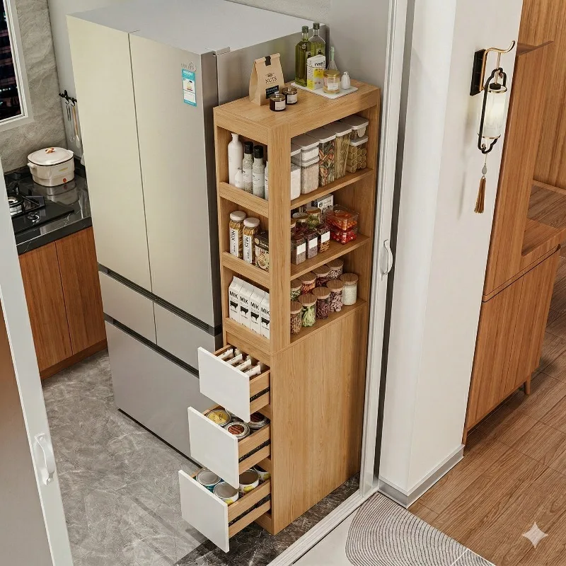 multi-layer pull-out cabinet on the side of the refrigerator, kitchen crevice shelf integrated against the wall