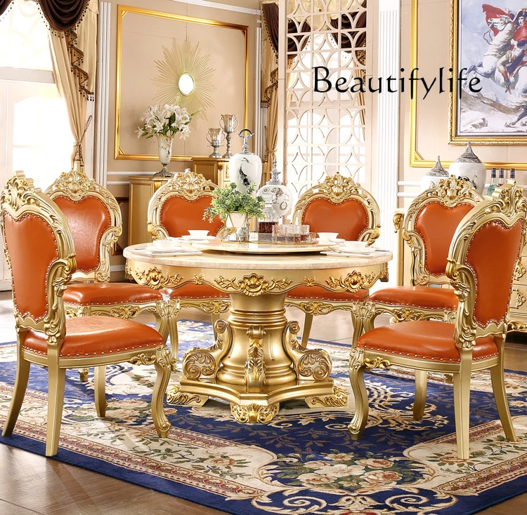 European-Style Solid Wood round Table Champagne Gold Dining Tables and Chairs Set Yellow Jade Marble round Table Restaurant