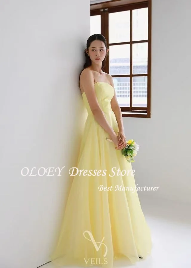 OLOEY Fairy Yellow Korea Evening Dresses Wedding PhotoShoot A-line Floor-Length Bride Gown 웨딩드레스 Organza Strapless