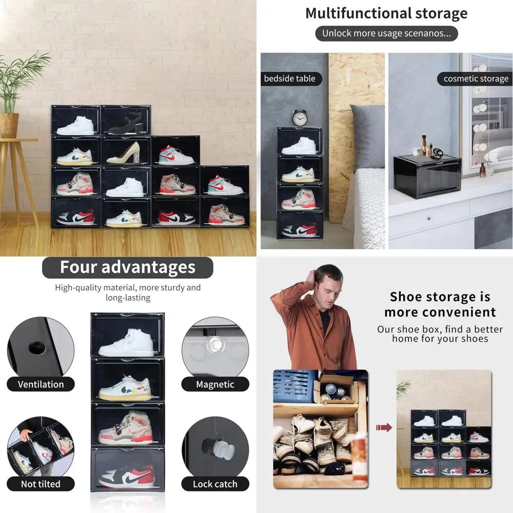 

Набор из 8 больших прозрачных пластиковых коробок для хранения обуви, подходят для мужских кроссовок размера 13 (черные)