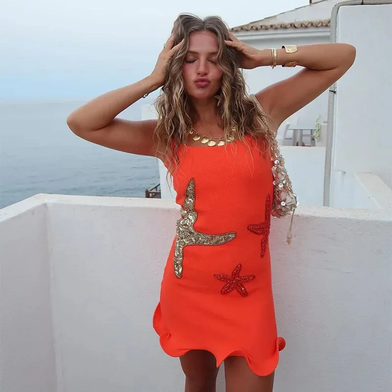 

New Summer Mini Dress Women Glitter Sequins Sexy Skinny Sleeveless Backless Curled Hem Vestido Chic Y2k Lady Rob Holiday Beach