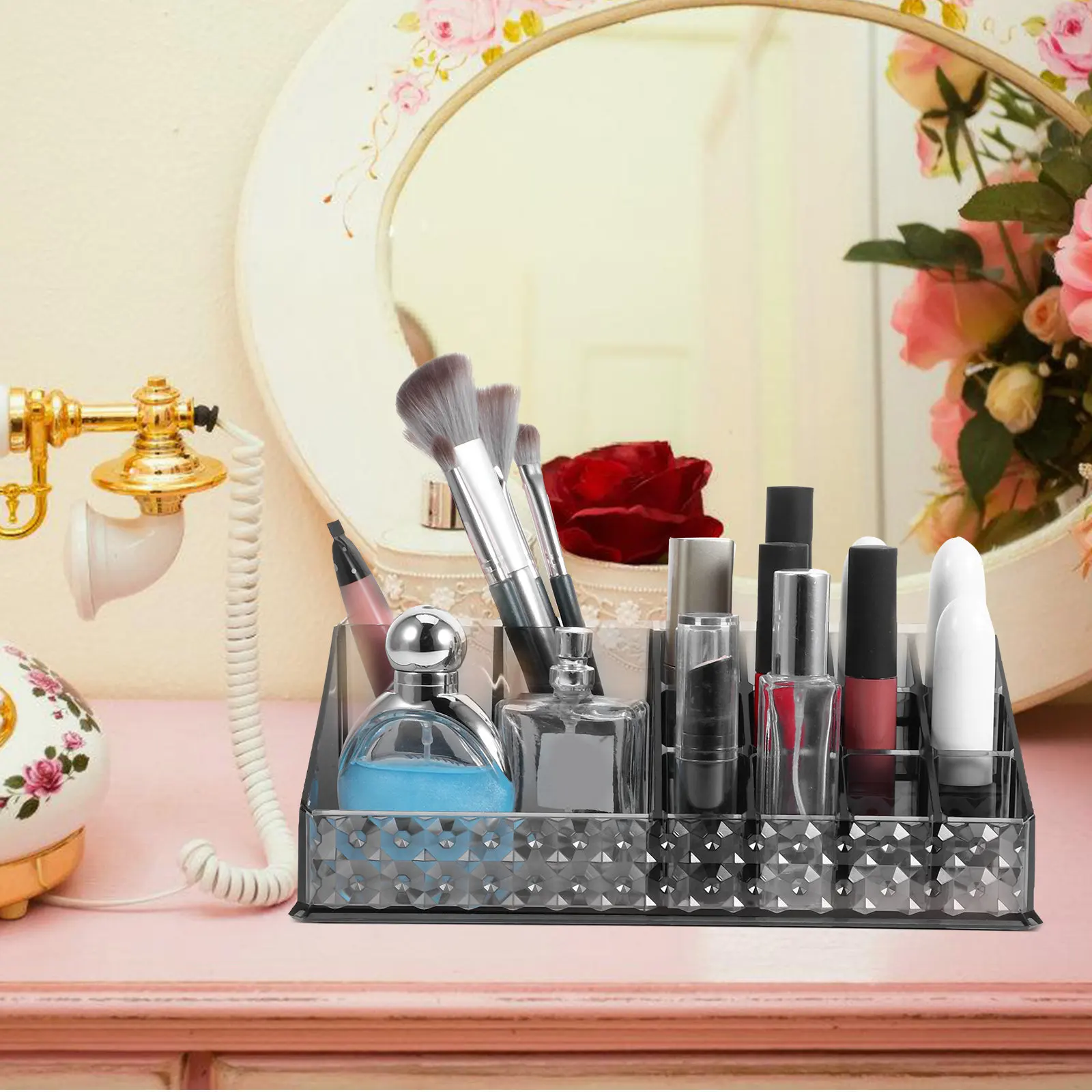 

Черный акриловый органайзер для косметики с алмазной текстурой, подставка-контейнер для хранения на туалетный столик, с открытым верхом, для ватных дисков и тампонов, для спальни