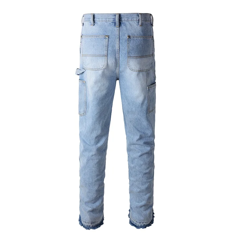 สินค้าใหม่ Mens Cargo Streetwear Blue Flare Splice Denim กางเกงหลายกระเป๋า Bootcut Spliced Flared ล้าง Denim กางเกงยีนส์