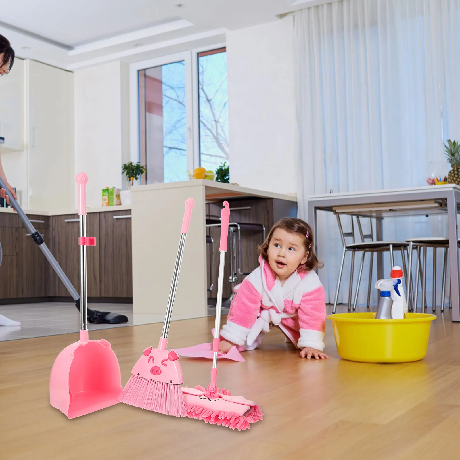 1Set Adorable Pig-Shaped Broom Dustpan Set for Toddlers Kids Mop Cleaning Kit Educational Home Chores Learning Tool