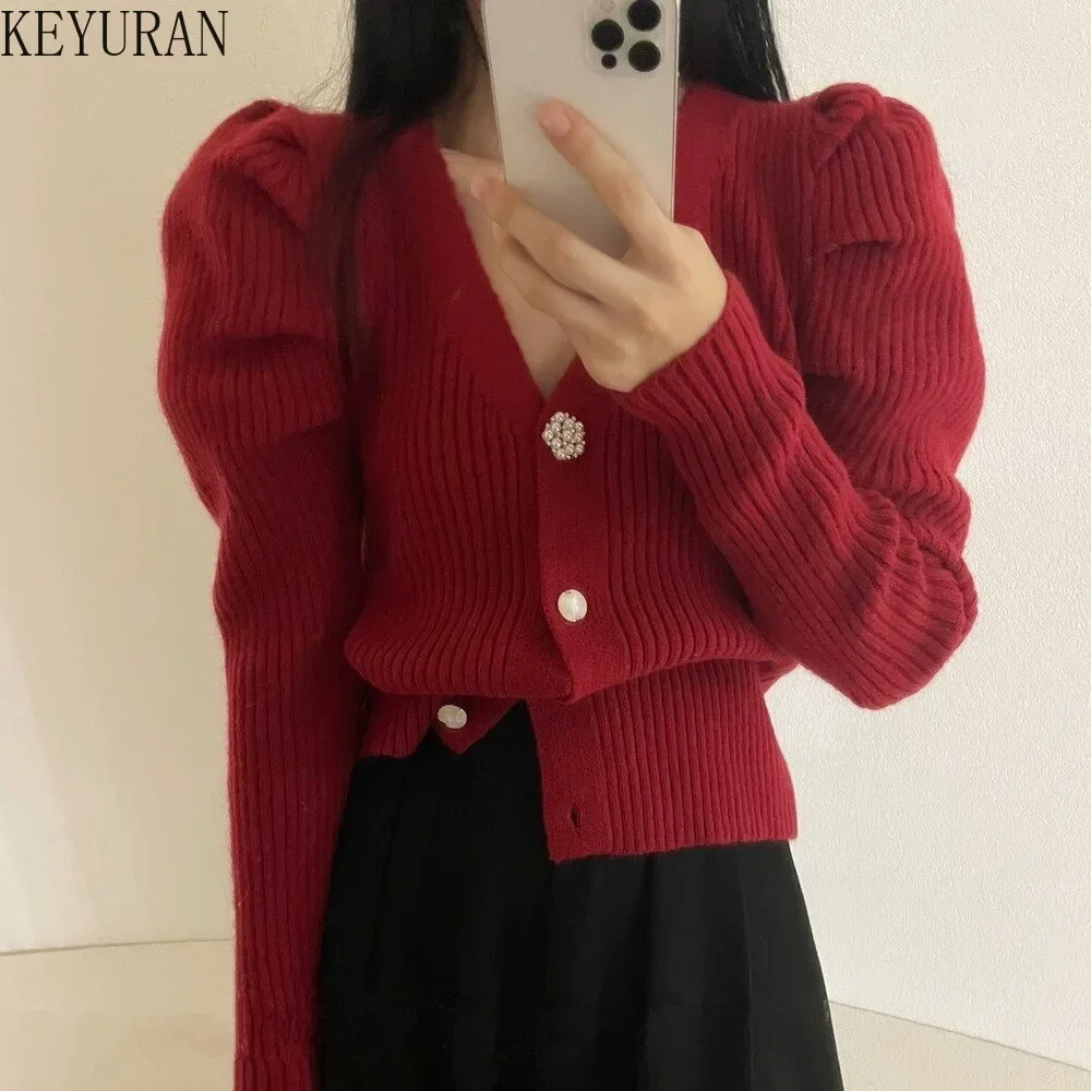 Red Women Cardigans Sweater 2024 Spring Autumn French Korean Fashion V-neck Slim Puff Sleeve Striped Knitted Sweaters Ladies Top