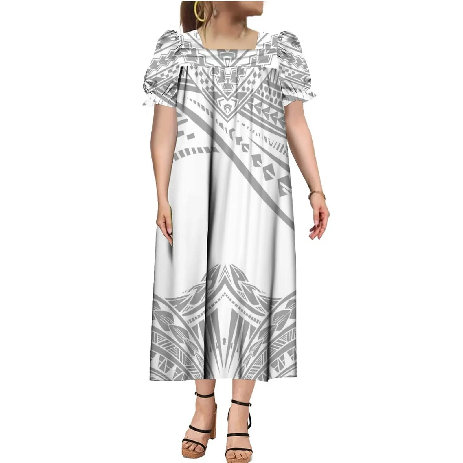 Custom mother day Micronesian Dress Micronesia Mumu Puff Short Sleeve Puffy Midi Dresses Polynesian Tribal Hawaiian White Dress