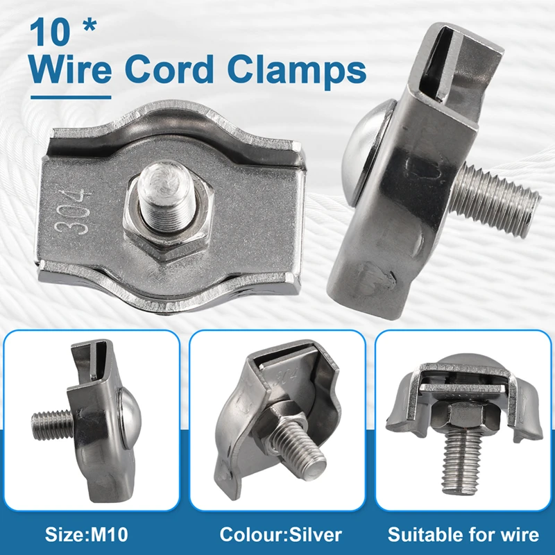 10Pcs Clamps, Wire Cord Clamps, Stainless Steel 304 Cable Clamps, Wire Rope Steel Cable Fixing Clip M10