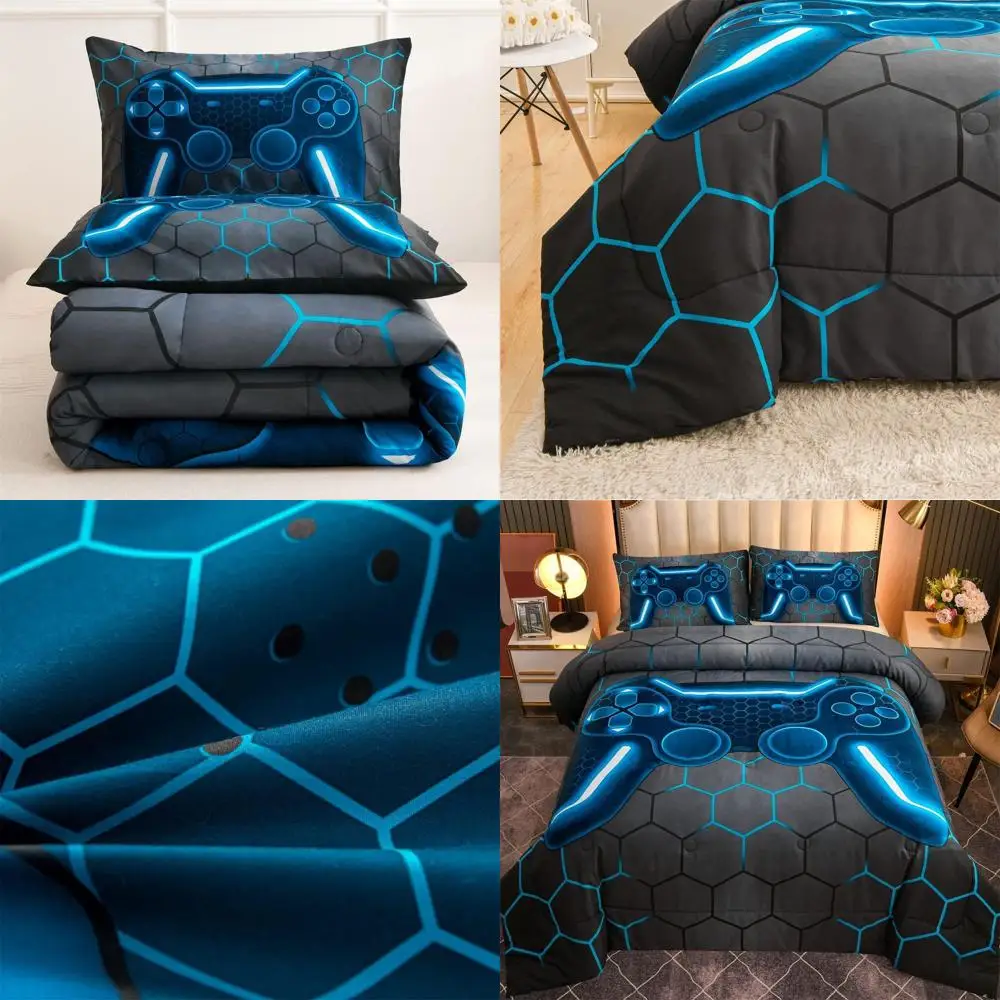 

Blue Geometric Microfiber Bedding Set for Kids - Full Size, Suitable for Boys and Girls
