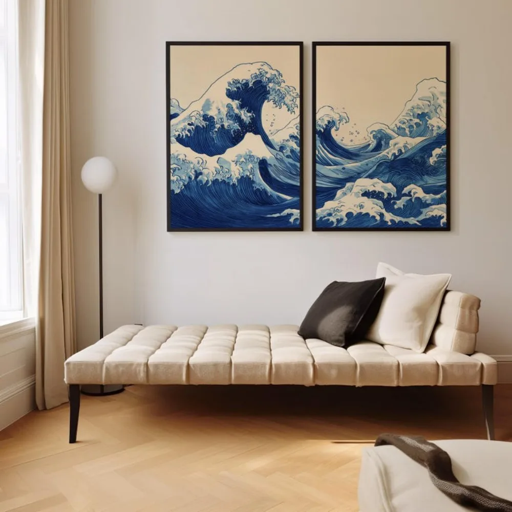 2 Pieces Frameless, Retro Japanese Wave Wall Art Set, Blue Ocean Coast Decoration, Japanese Poster Trio, Two Pieces of Wall Art