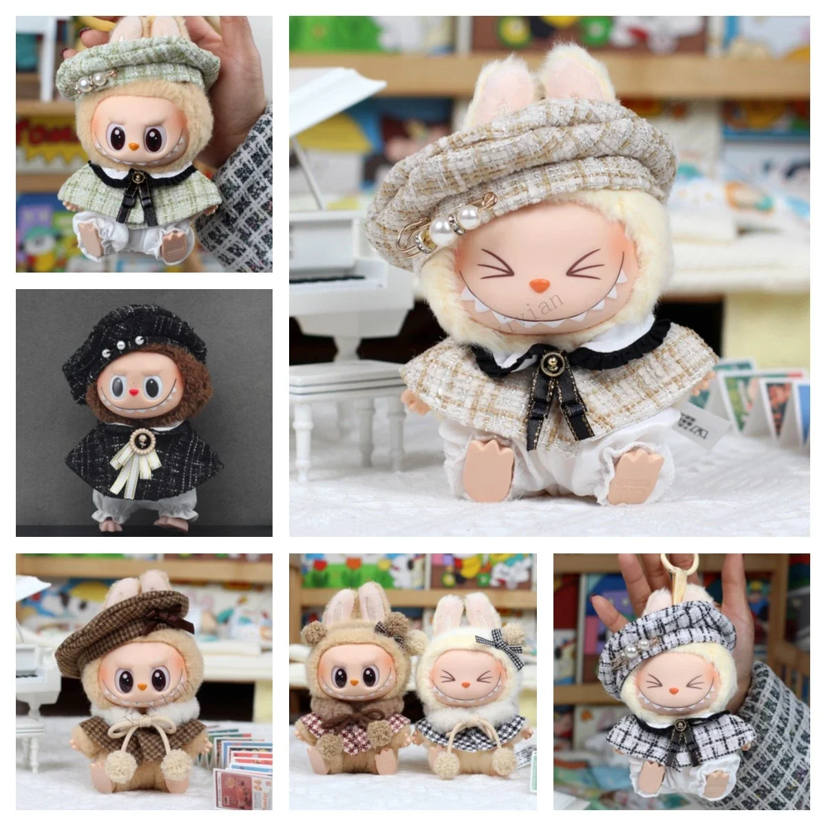 Mini Doll'S Clothes Outfit Accessories For Korea Kpop Exo 15-17cm Labubu Classic Grid Style Dress Cloak Set Beret Clothing Gift