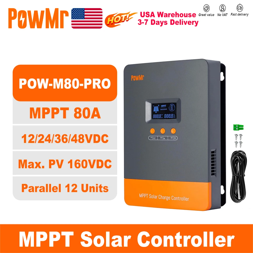 PowMr USA 80A MPPT Solar Charge Controller 12V 24V 36V 48V Solar Battery 160V Panel Intelligent Regulator for Lead-acid/Lithium