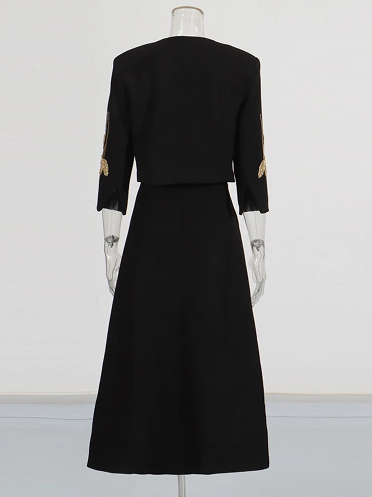 TWOTWINSTYLE Spliced Embroidery Two Piece Set for Women Round Neck Long Sleeves Patchwork Single Breasted Coat Midi Skirt Female