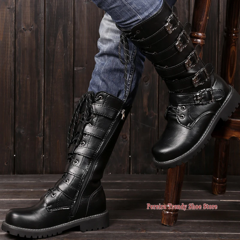 Men's Round Toe Thick Soled Knee High Boots Skeleton Belt Buckle Side Zipper Knight Boots Autumn Winter Leather High Top Shoes