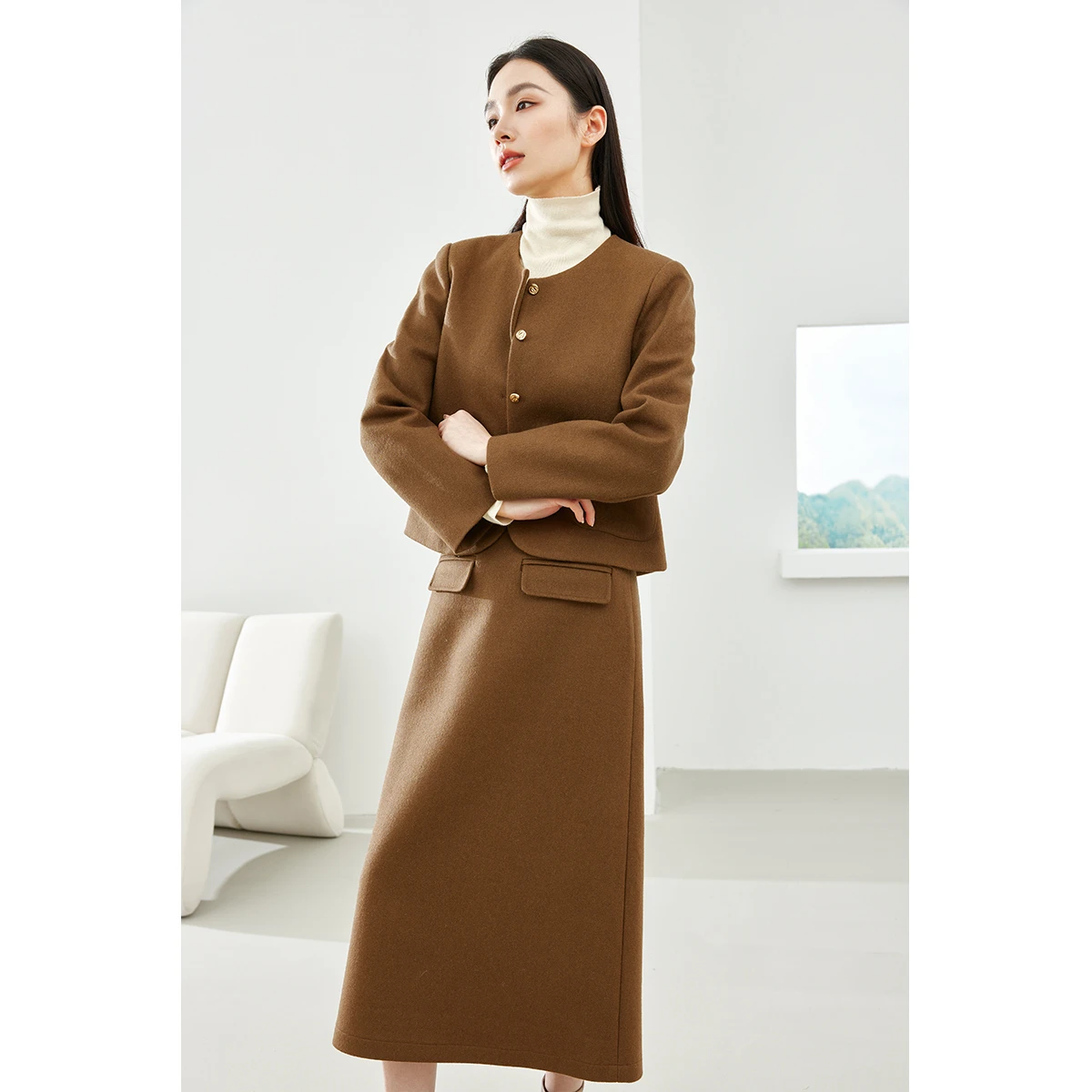 VIMLY أنيقة الصوف مزيج تنورة مجموعة س الرقبة مبطن الستر مرونة الخصر سبليت ميدي التنانير 2025 الشتاء مجموعات المرأة 2 قطعة 16260