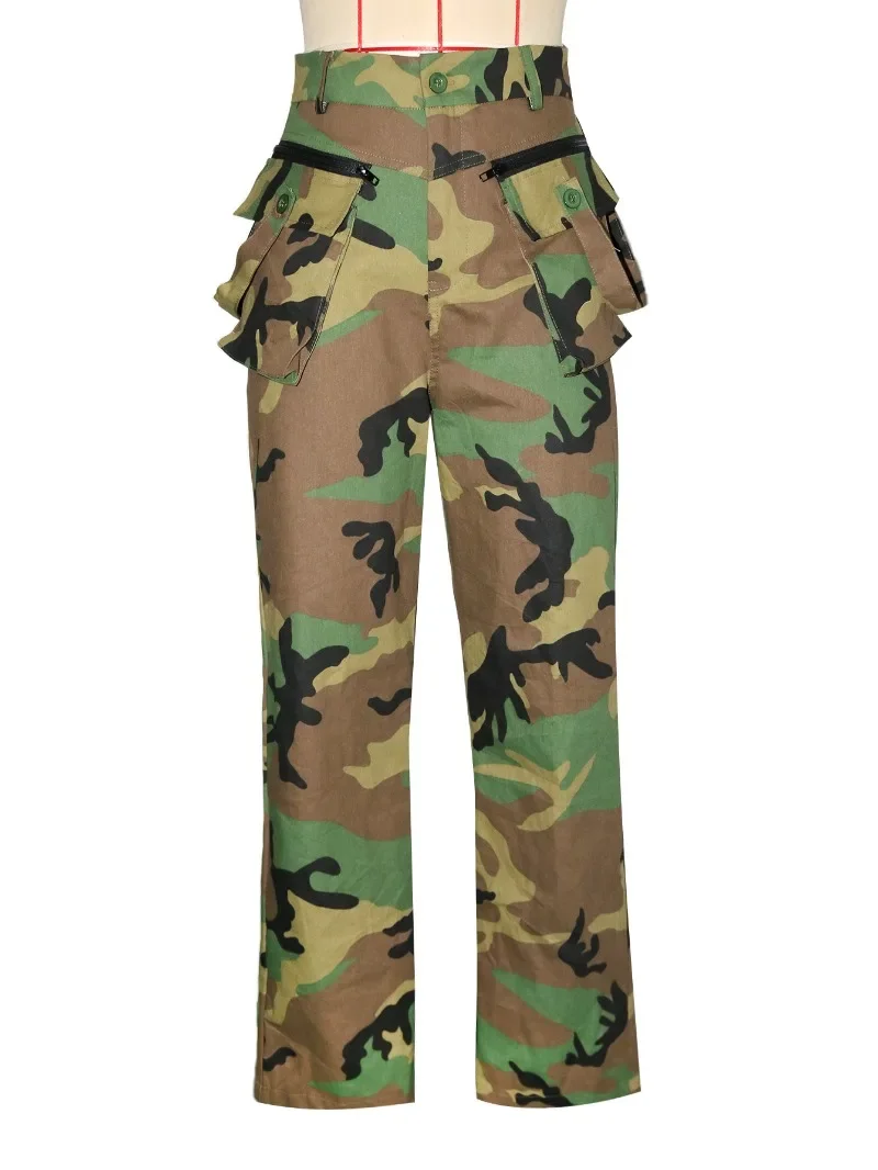 Pantalon Cargo droit imprimé Camouflage multi-poches pour femmes, mode bouton mouche taille haute, ample, décontracté, Streetwear, bas