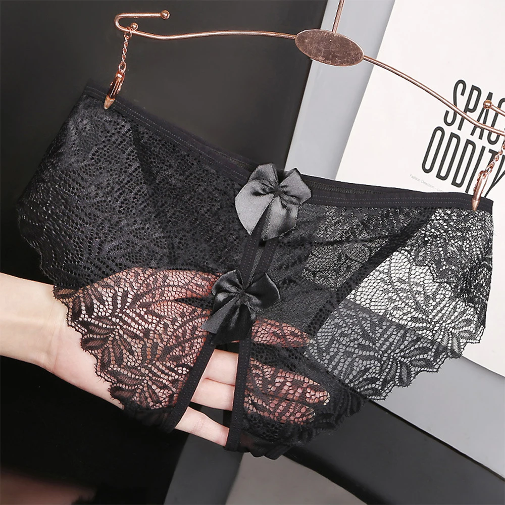 

1pc Women's See Through Lace Open Crotch Panties Mesh Briefs Shorts Low Waist Solid Color Female Underwear