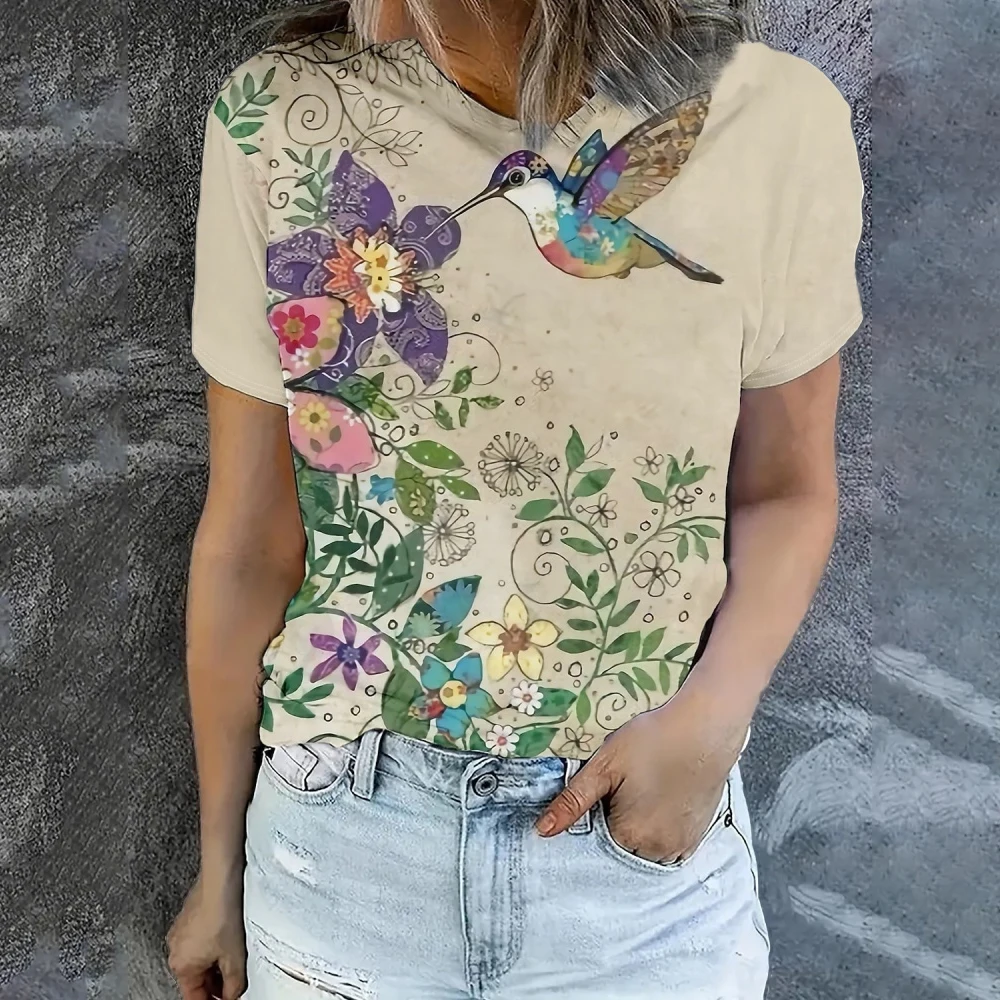 

Summer Fashion Women's T-Shirt Beautiful Flowers Stylish Printed Casual Short Sleeved Crew Neck Tees Round Neck Regular Tops