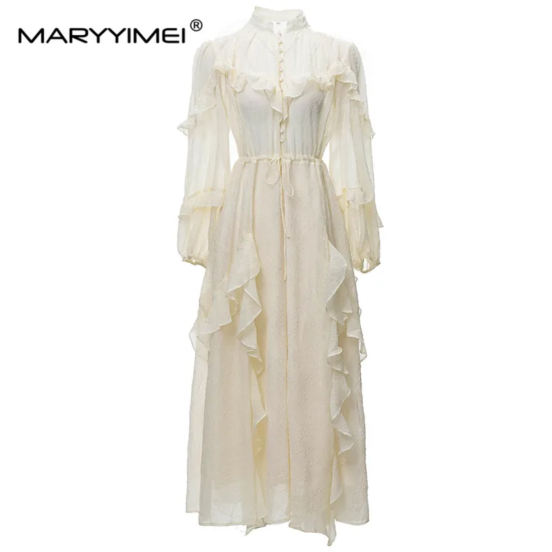 MARYYIMEI New Fashion Runway Designer Women\'s Clothing Stand-up Collar Lantern Sleeve Ruffled Patchwork Pleated Flower Dress