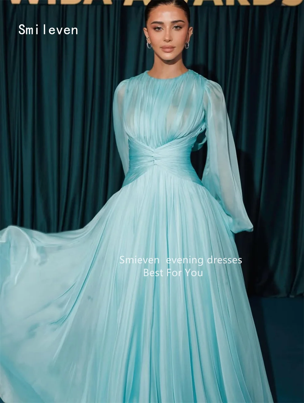 

Smileven Luxury A Line Evening Dress Scoop Formal Prom Dresses Blue Chifforn Waist Cinching Party Gowns Customized 2026