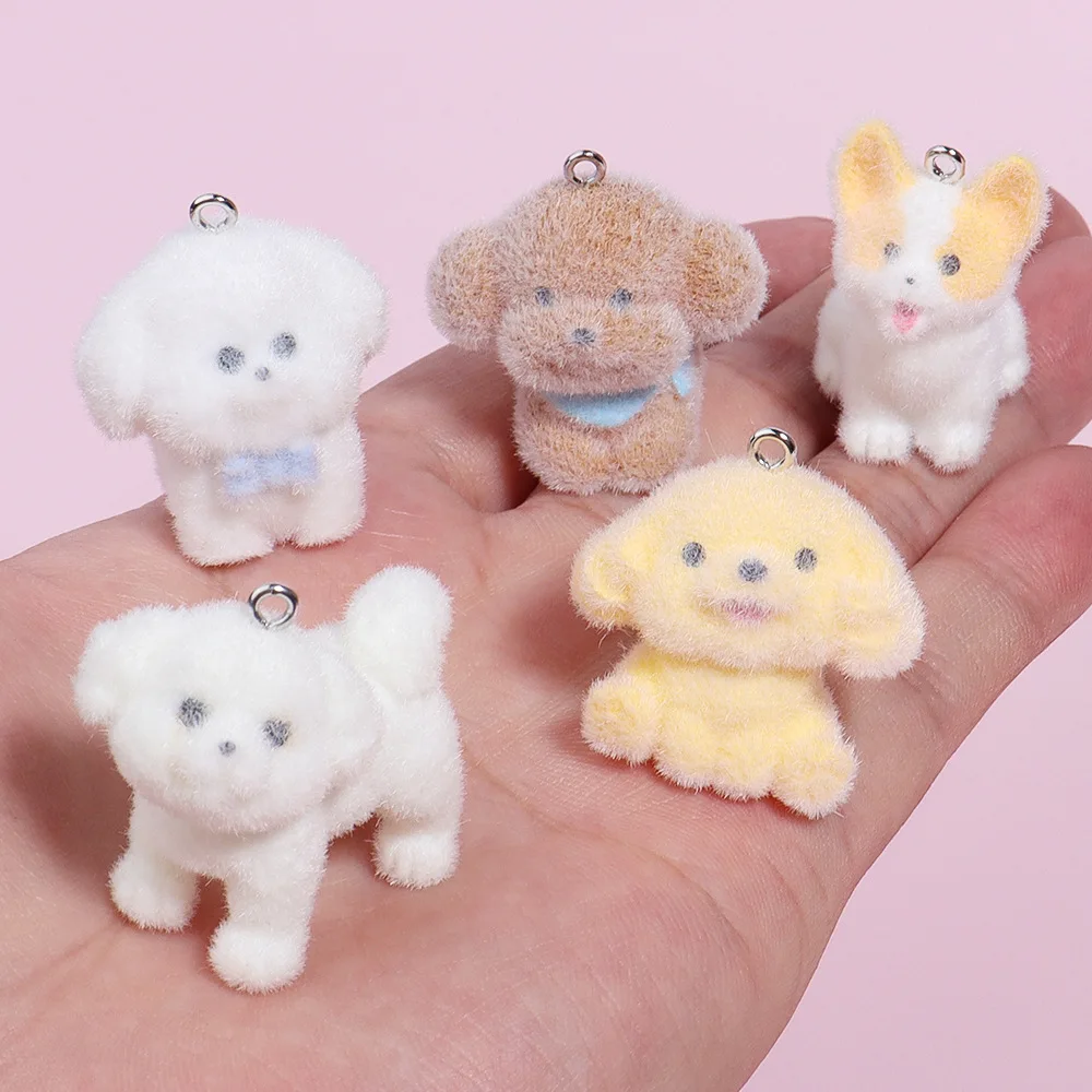 20Pcs 3D Cute Corgi Teddy Pendant Fluffy Flocking Animal Doll Charms wholesale Keychain Necklace Pendant DIY Crafts Jewelry Make