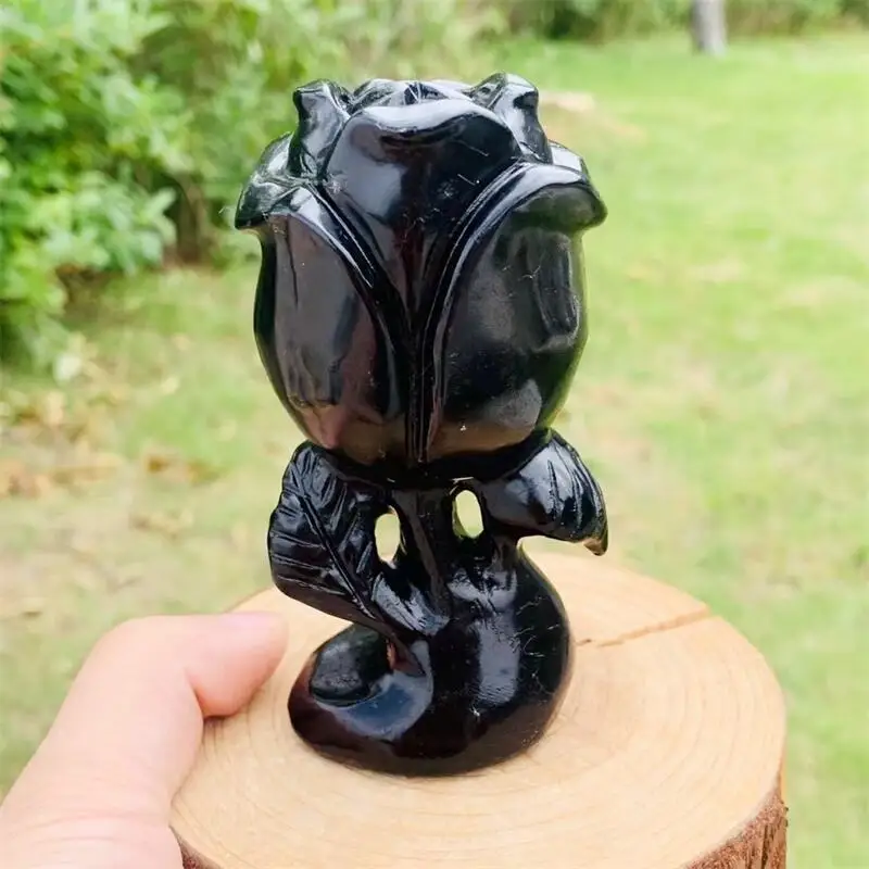 

10CM Natural Black Obsidian Rose Flower Carving Crafts Healing Energy Lucky Stone Home Decoration Birthday Gift 1PCS