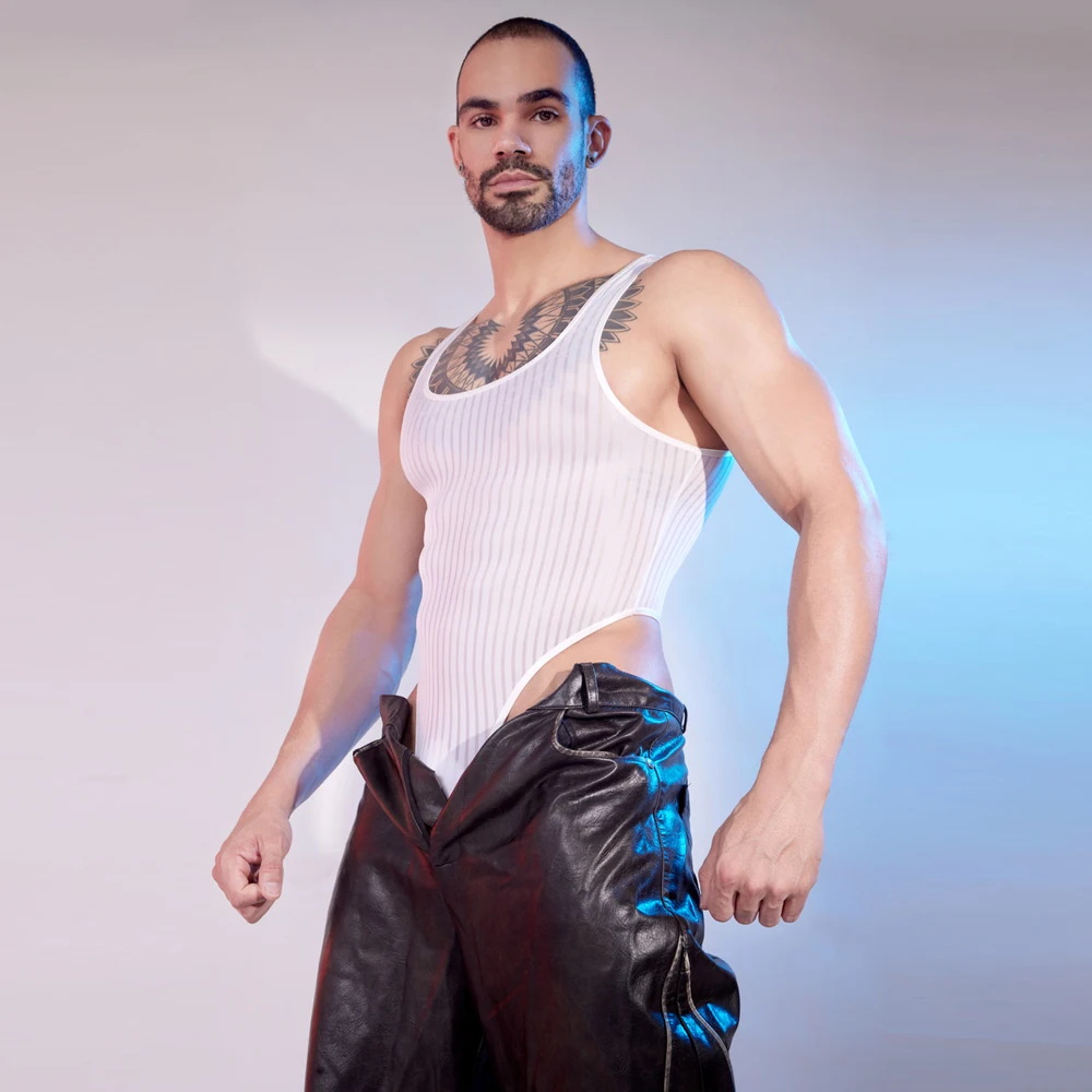 Sexy Men Unisex Maid High Cut Bodysuit Stripe Vets Sheer See Through Thong Maid Tights Elastic Tank Top Yoga Leotard